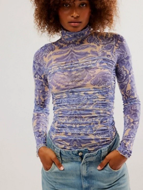 Free People Under It All Bodysuit XS Porcelain Combo Blue Floral Mesh Ruched NWT - Picture 12 of 14